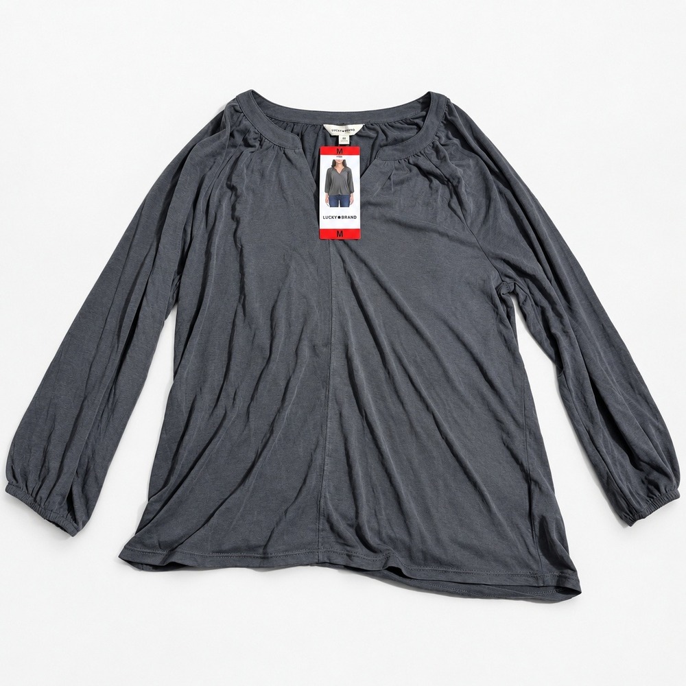 Lucky Brand Womens Blackened Pearl Split Neck Knit Top Blouse 1827055 Gray M
